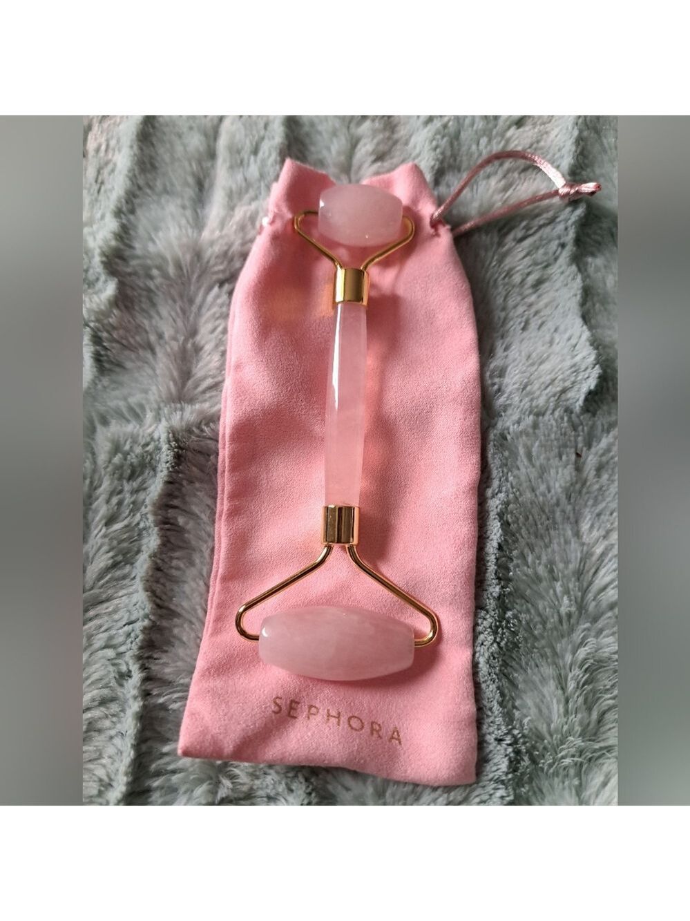 SEPHORA rose quartz facial roller double ended massage with pouch self care